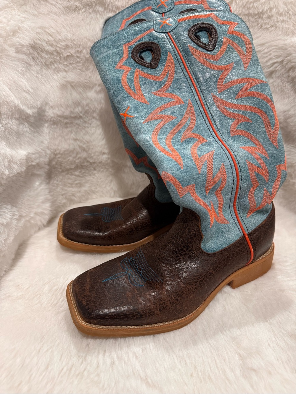 Brown Leather Western Boots with Turquoise and Orange Shaft